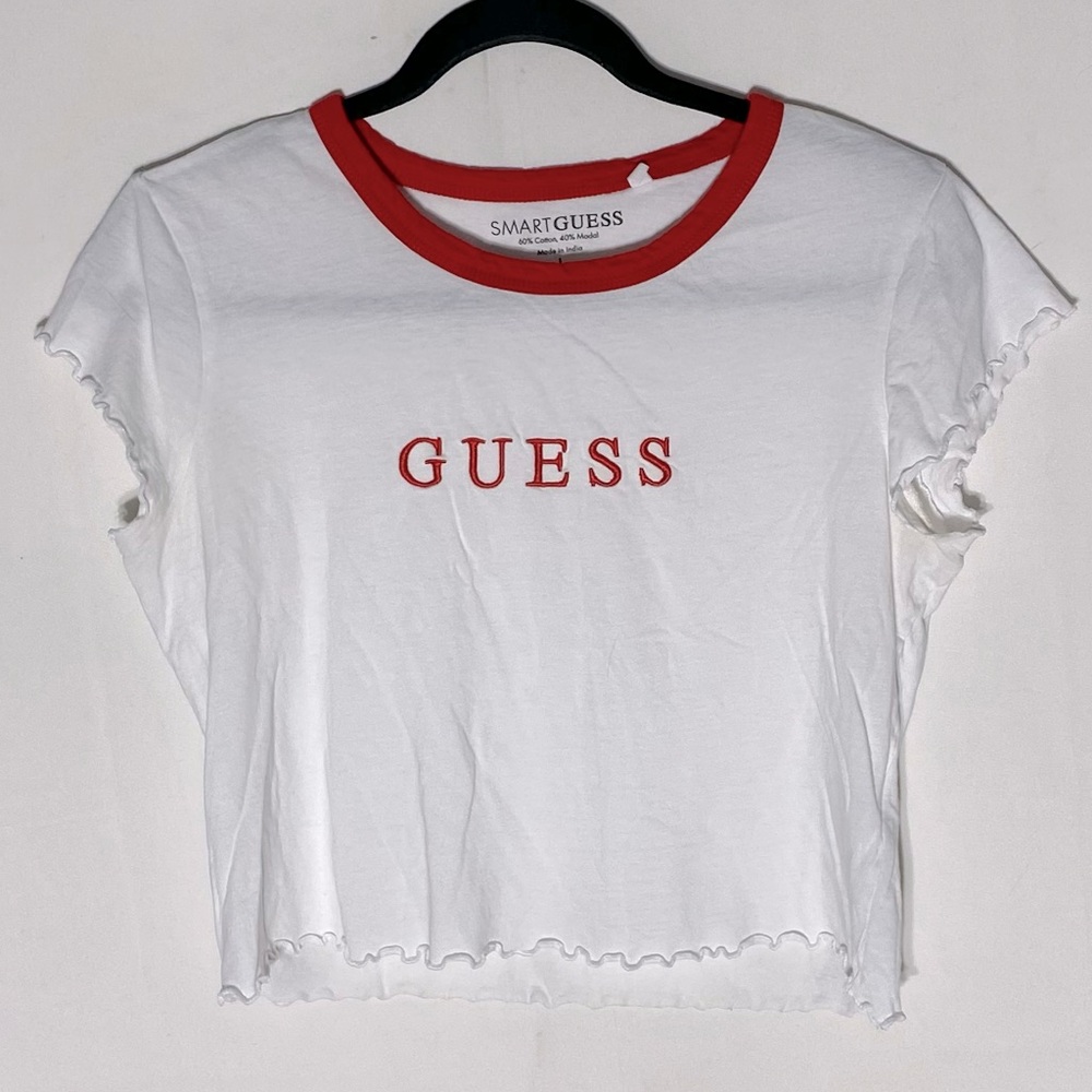 Guess White Cropped Crew Neck T Shirt With Embroidered Logo L